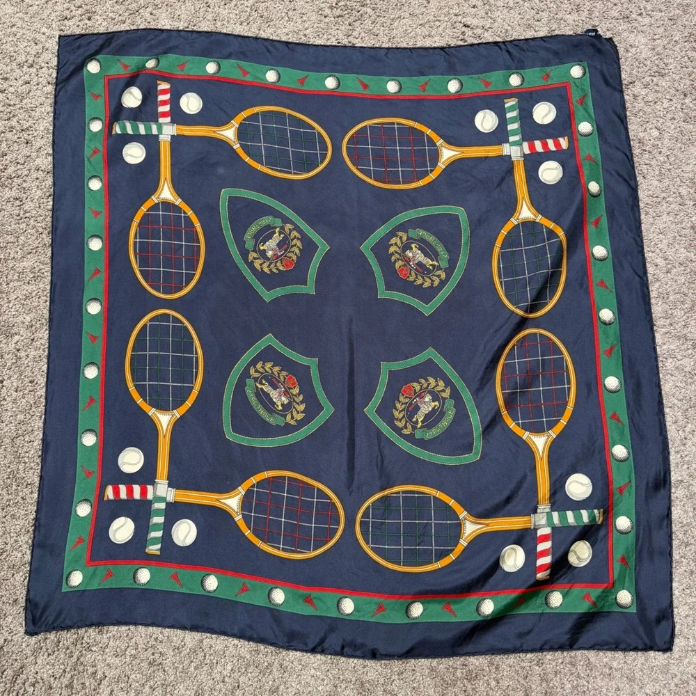 Vintage Burberry 100% Silk Scarf Tennis Golf Sports Navy Blue Square 34
